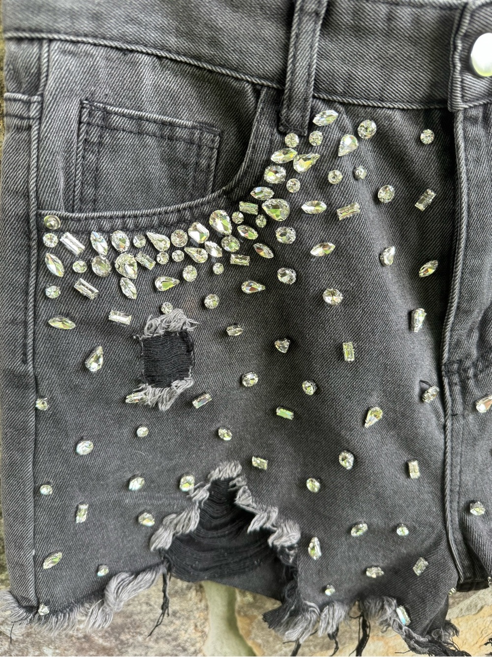 Black Rhinestone Distressed Denim Shorts Large Nashville Festival Bedazzled - Picture 4 of 12